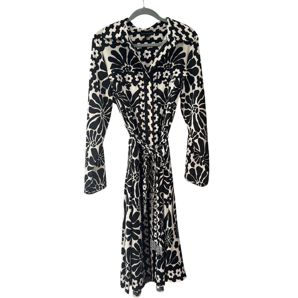 House of Harlow 1960 Black White Floral Shirt Dress Beaded Belt US Large VGUC
